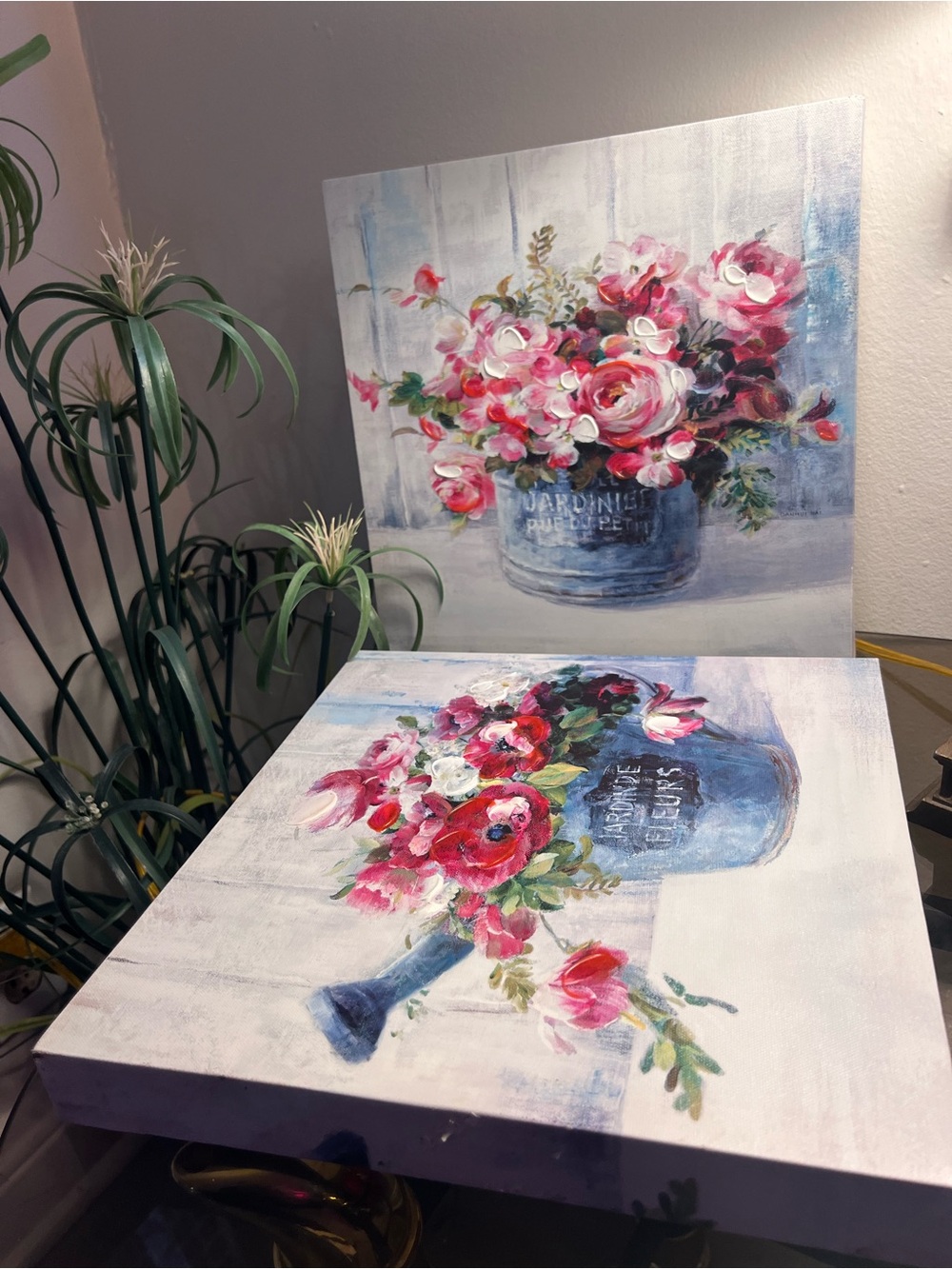Floral Canvas Wall Art with Pink and Blue Bouquet - Home Accents